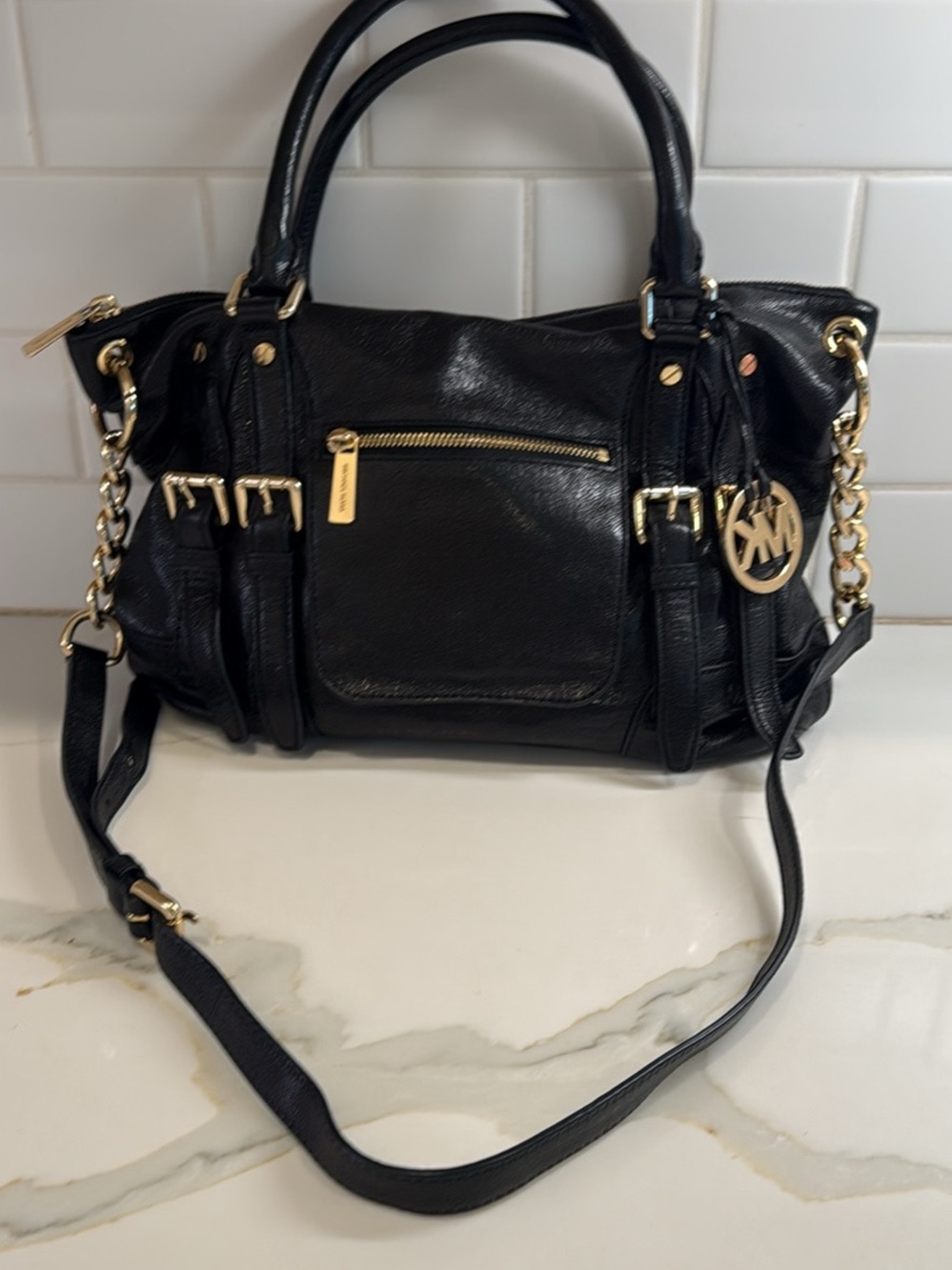 Michael Kors Black Leather Satchel with Gold-Tone Hardware and Chain Strap